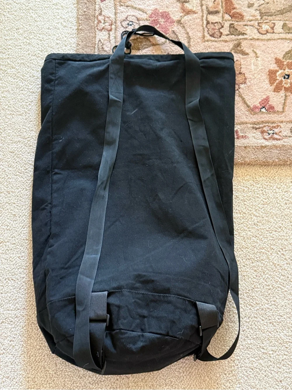 Black backpack laundry dorm Canvas Drawstring Backpack with Front Mesh Pocket